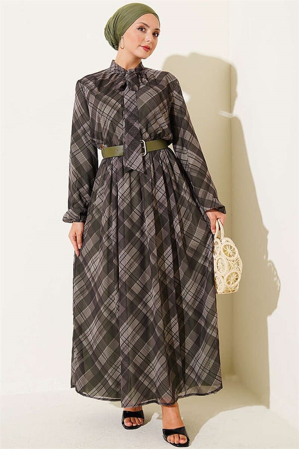 Plaid Belted Chiffon Dress Khaki