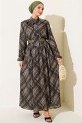 Plaid Belted Chiffon Dress Khaki
