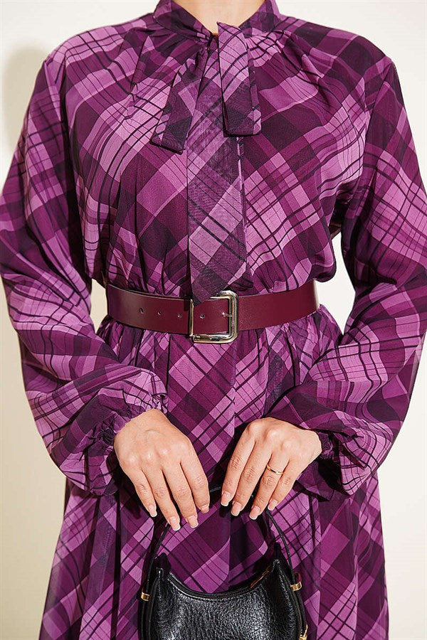 Plaid Belted Chiffon Dress, Plum