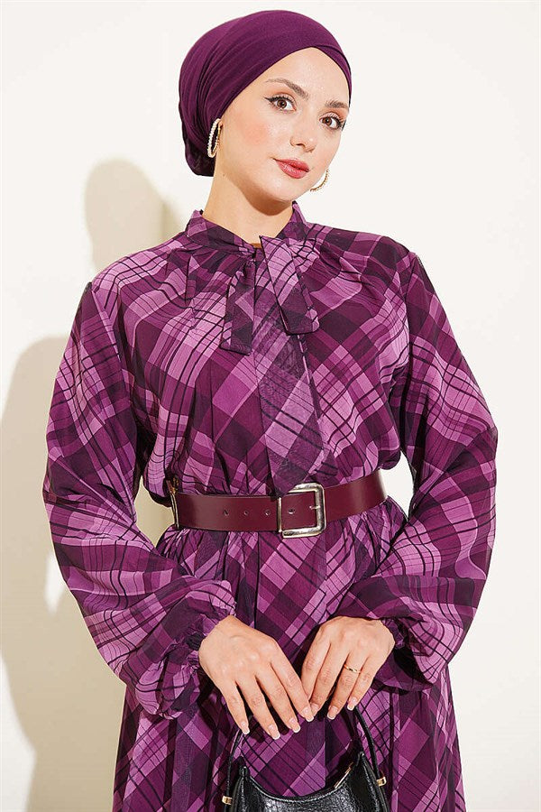 Plaid Belted Chiffon Dress, Plum