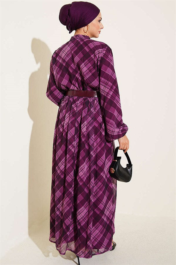 Plaid Belted Chiffon Dress, Plum