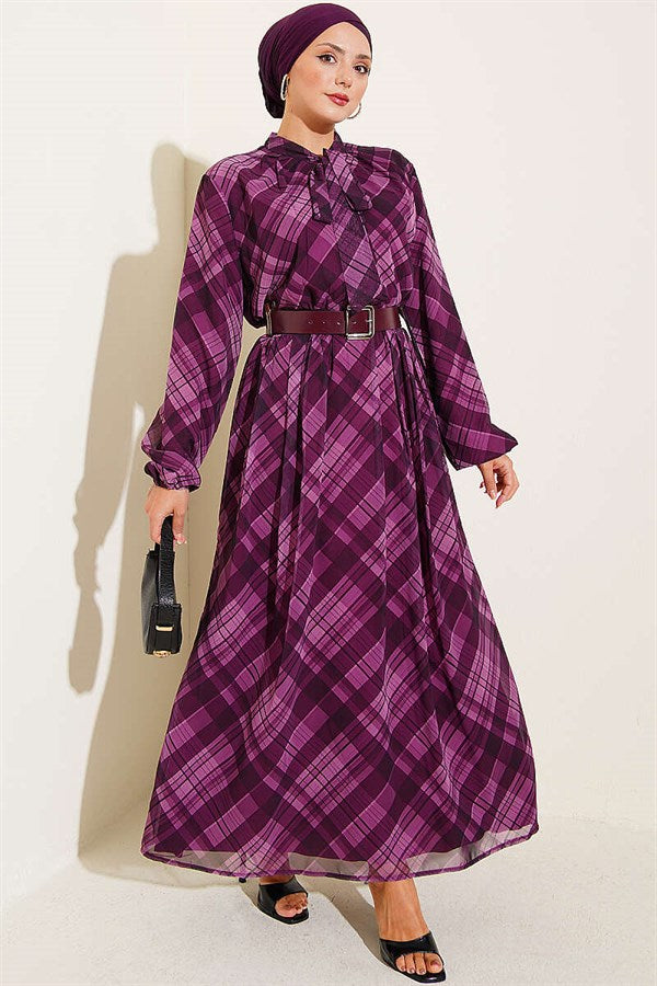 Plaid Belted Chiffon Dress, Plum
