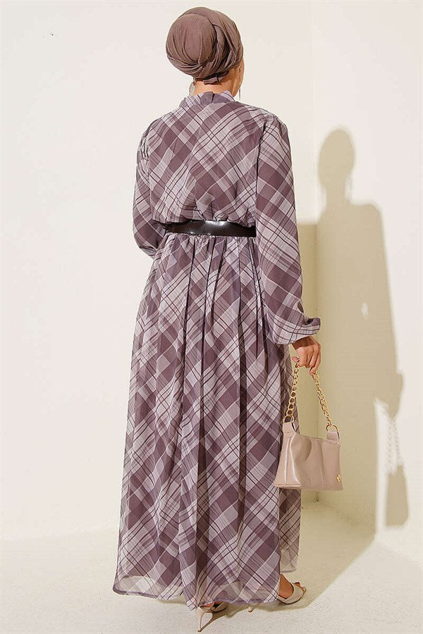 Plaid Belted Chiffon Dress, Mink