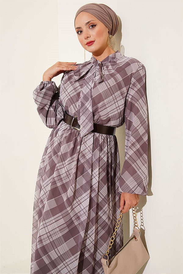 Plaid Belted Chiffon Dress, Mink