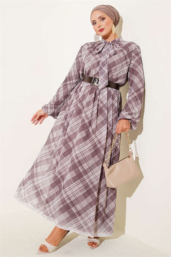Plaid Belted Chiffon Dress, Mink