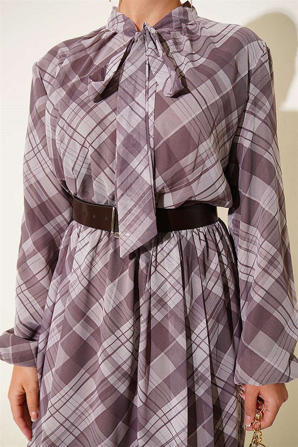 Plaid Belted Chiffon Dress, Mink
