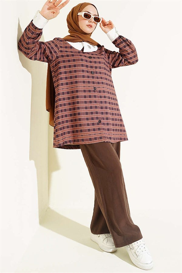 Plaid Asymmetric Collar Shirt, Coffee