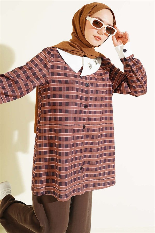 Plaid Asymmetric Collar Shirt, Coffee
