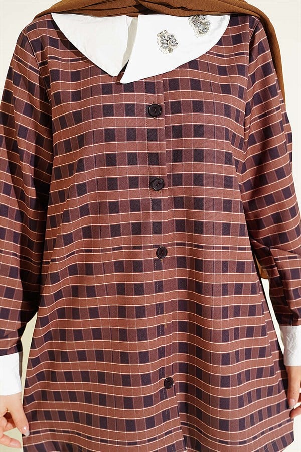 Plaid Asymmetric Collar Shirt, Coffee