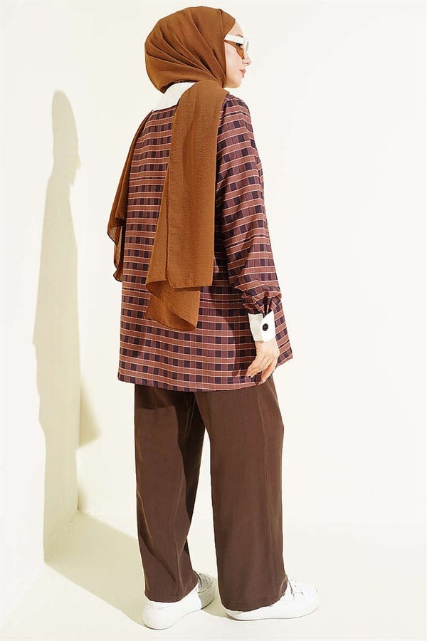 Plaid Asymmetric Collar Shirt, Coffee