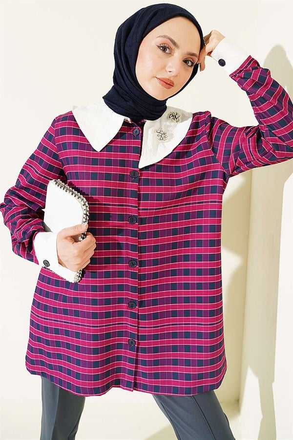Plaid Asymmetric Collar Shirt, Plum