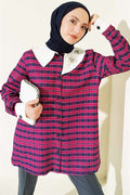 Plaid Asymmetric Collar Shirt, Plum