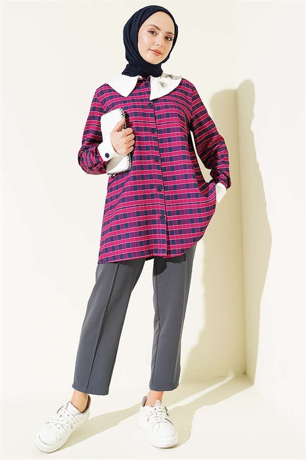 Plaid Asymmetric Collar Shirt, Plum