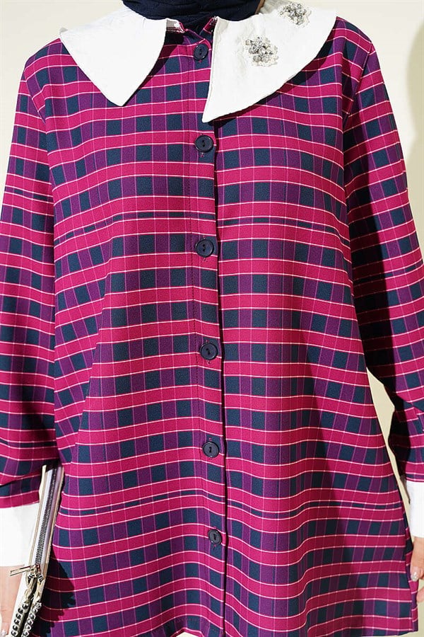 Plaid Asymmetric Collar Shirt, Plum