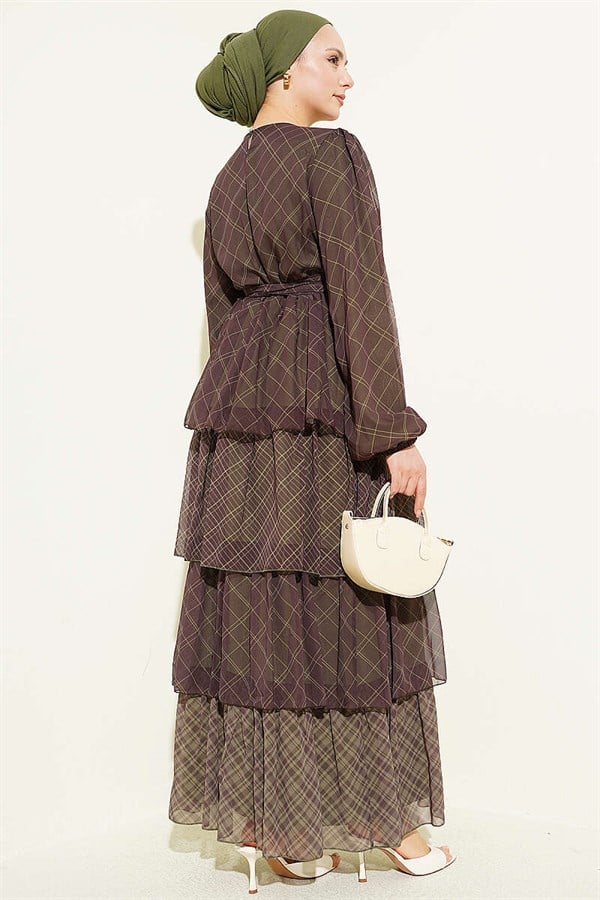 Plaid Layered Dress with Elastic Waistband, Khaki