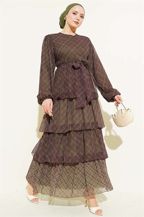 Plaid Layered Dress with Elastic Waistband, Khaki