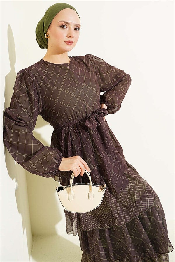 Plaid Layered Dress with Elastic Waistband, Khaki