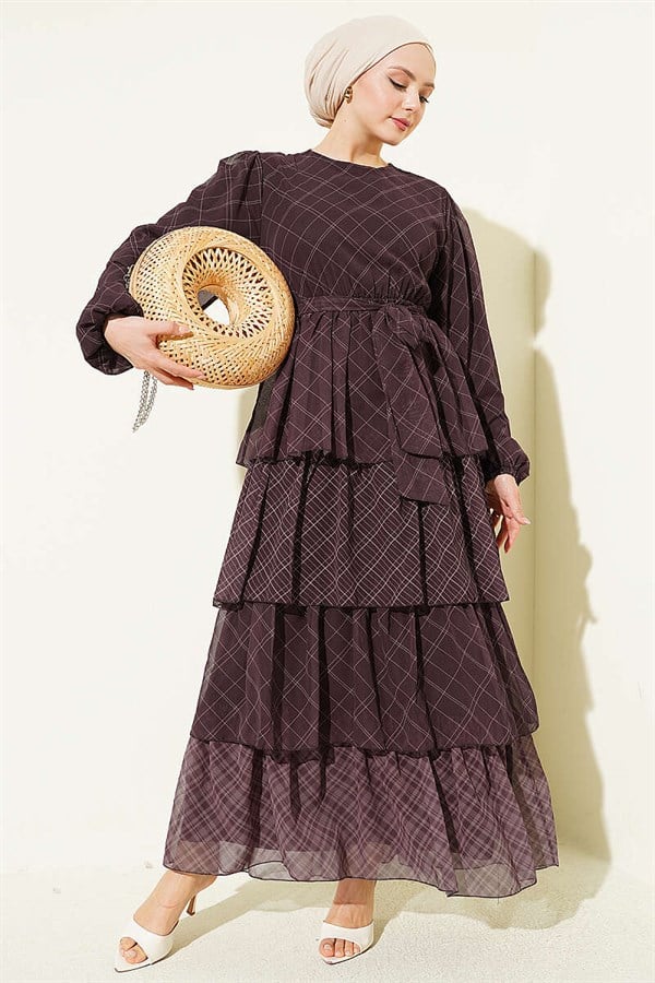 Plaid Layered Dress with Elastic Waist, Brown