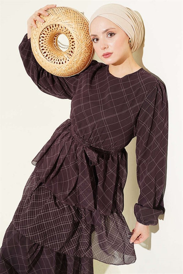 Plaid Layered Dress with Elastic Waist, Brown