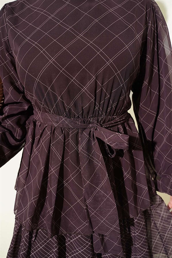 Plaid Layered Dress with Elastic Waist, Brown