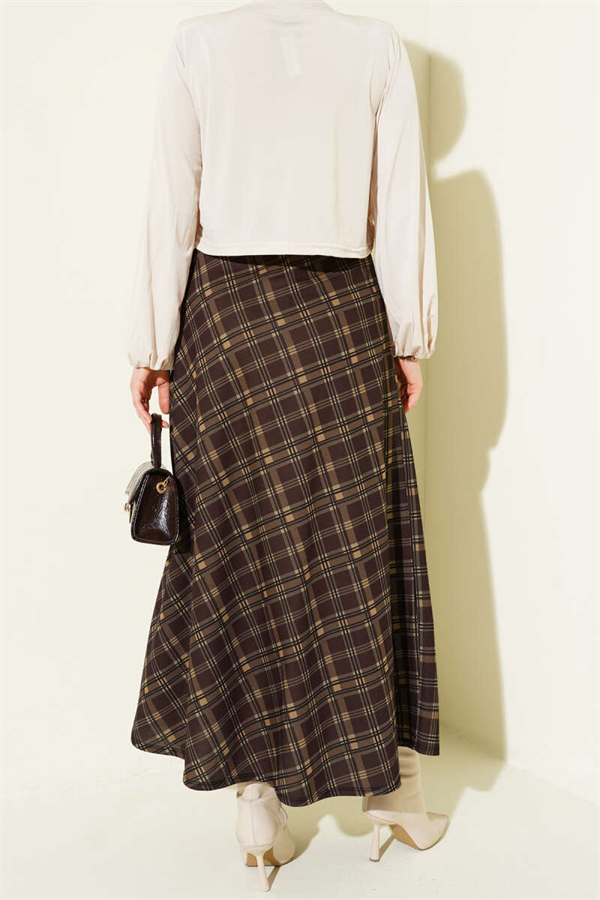 Plaid Elastic Waist Flared Skirt, Brown