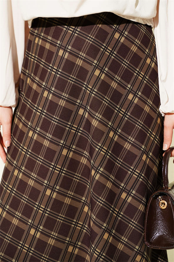 Plaid Elastic Waist Flared Skirt, Brown