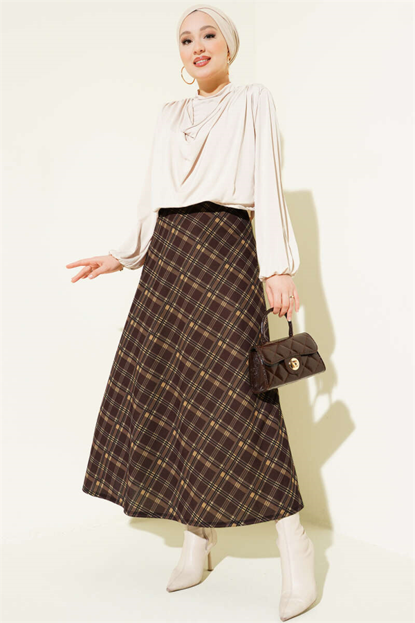 Plaid Elastic Waist Flared Skirt, Brown