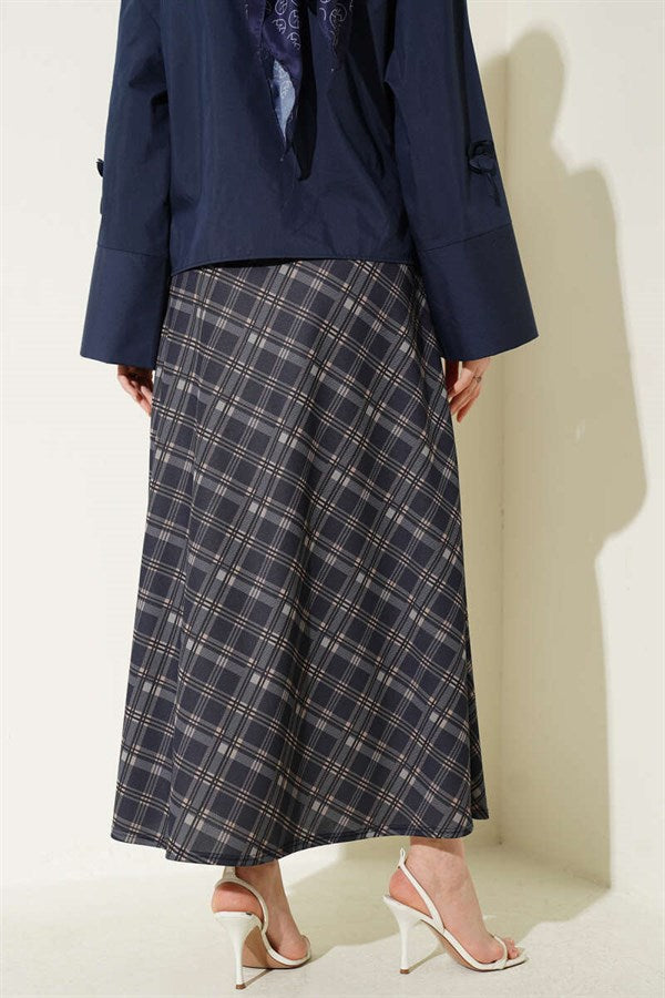 Plaid Flared Skirt with Elastic Waistband, Navy Blue