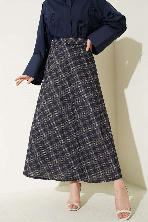 Plaid Flared Skirt with Elastic Waistband, Navy Blue