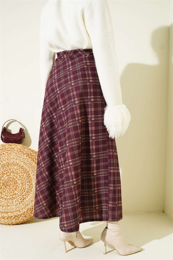Plaid Elastic Waist Flared Skirt, Plum