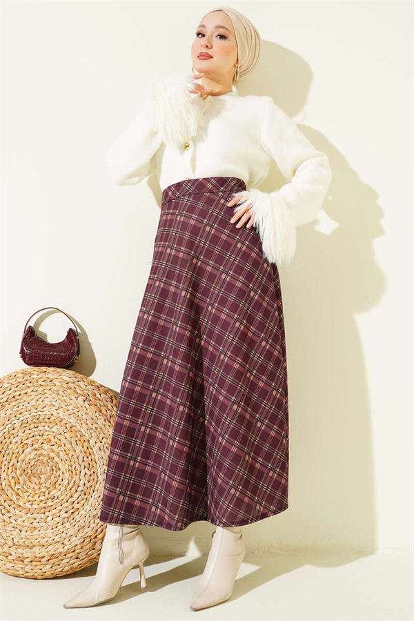 Plaid Elastic Waist Flared Skirt, Plum
