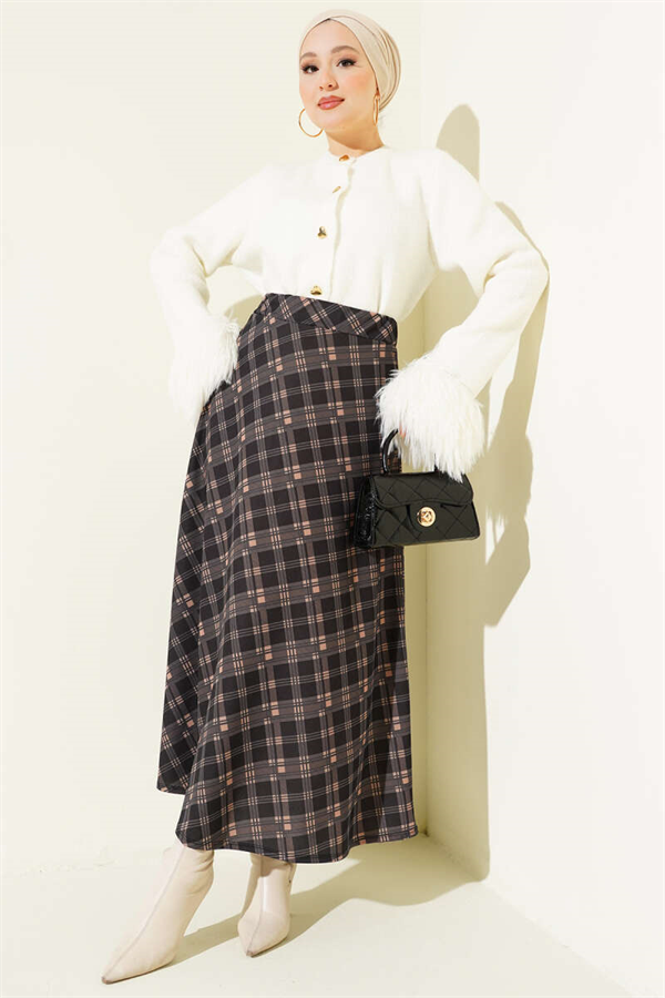 Plaid Elastic Waist Flared Skirt Black