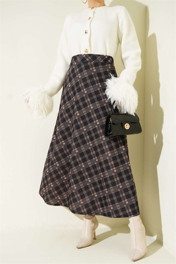Plaid Elastic Waist Flared Skirt Black