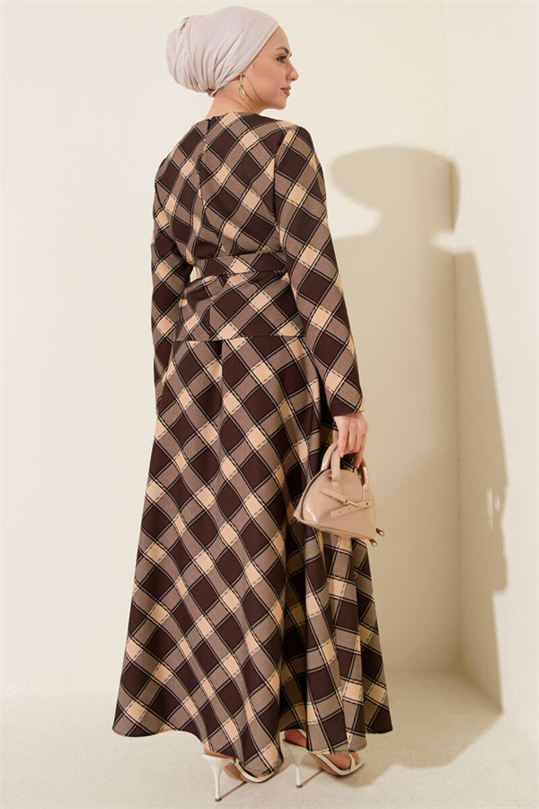 Plaid Skirt and Blouse 2 Piece Set in Coffee Brown