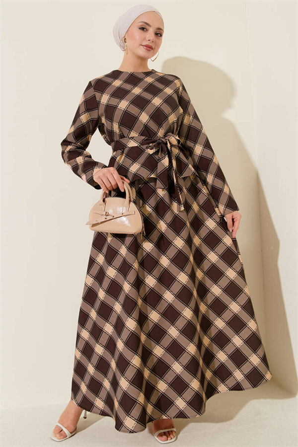 Plaid Skirt and Blouse 2 Piece Set in Coffee Brown