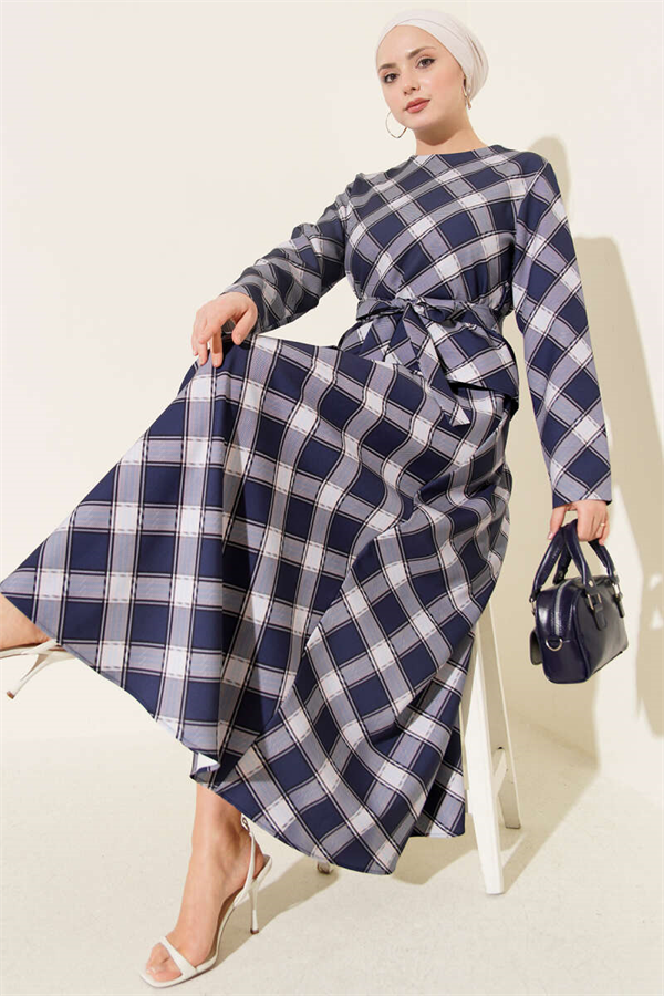 Plaid Skirt and Blouse 2 Piece Set in Navy Blue