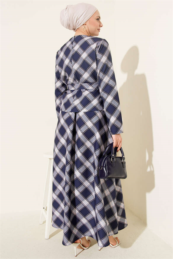 Plaid Skirt and Blouse 2 Piece Set in Navy Blue
