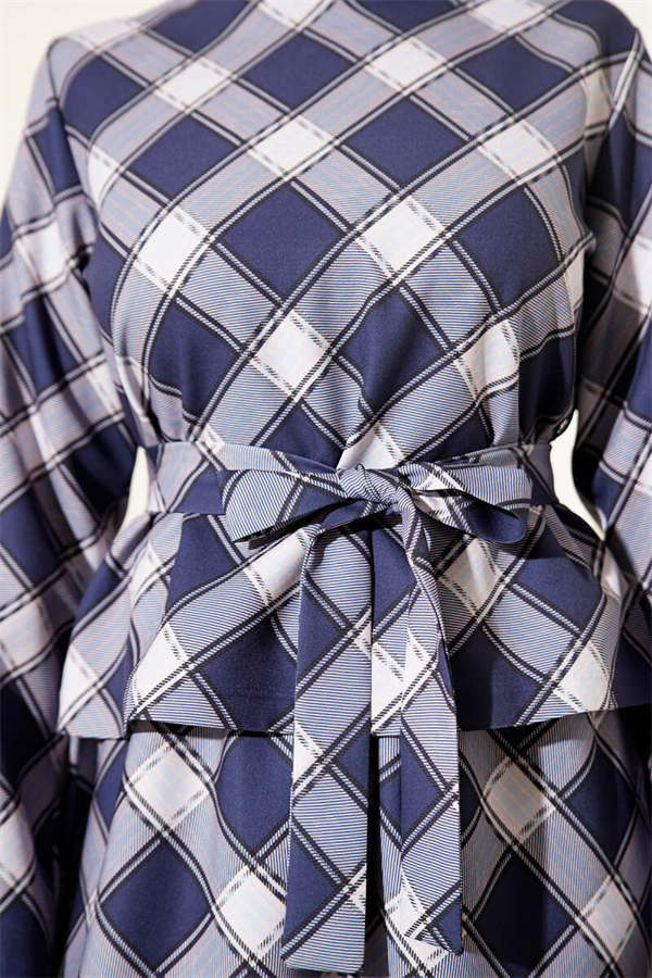 Plaid Skirt and Blouse 2 Piece Set in Navy Blue