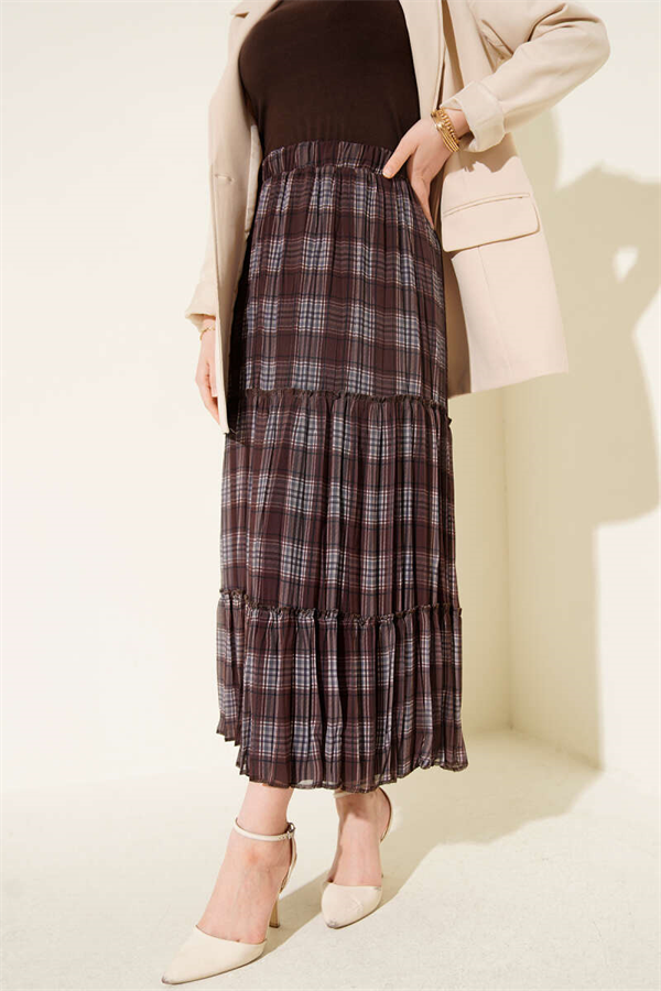 Plaid Layered Chiffon Skirt, Coffee