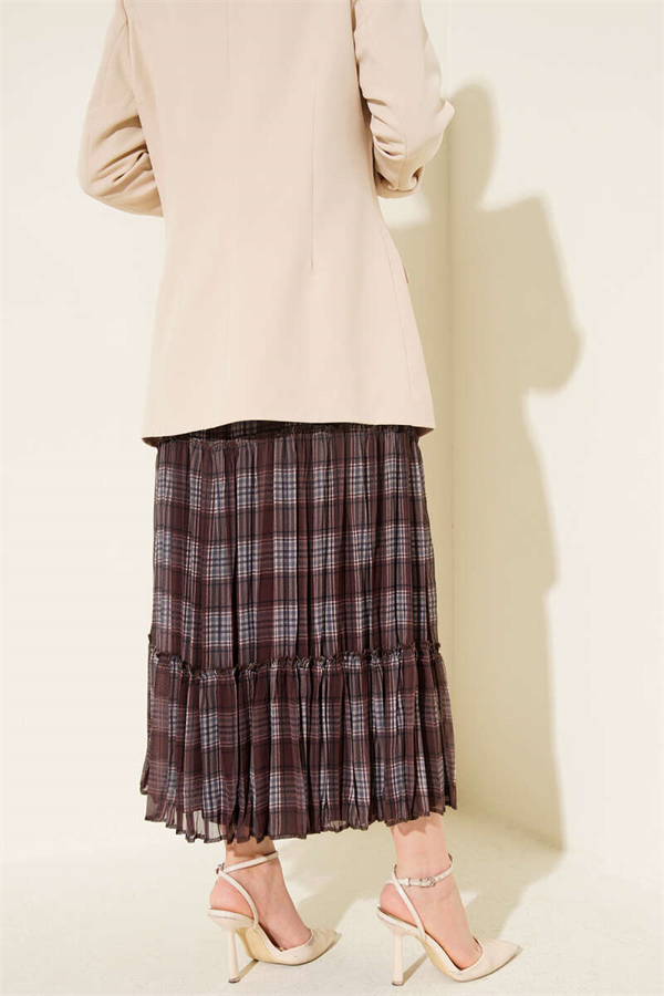 Plaid Layered Chiffon Skirt, Coffee