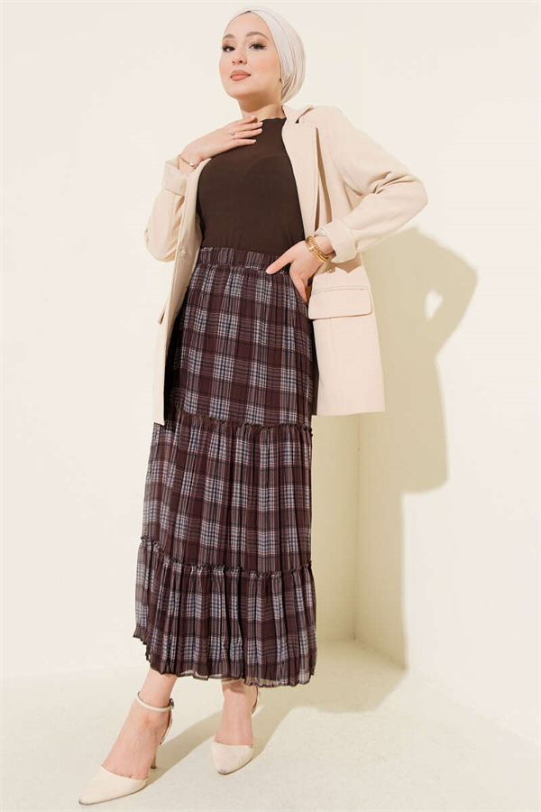 Plaid Layered Chiffon Skirt, Coffee