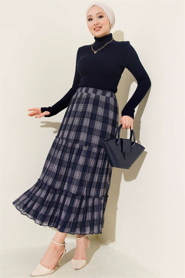 Plaid Layered Chiffon Skirt, Navy Blue