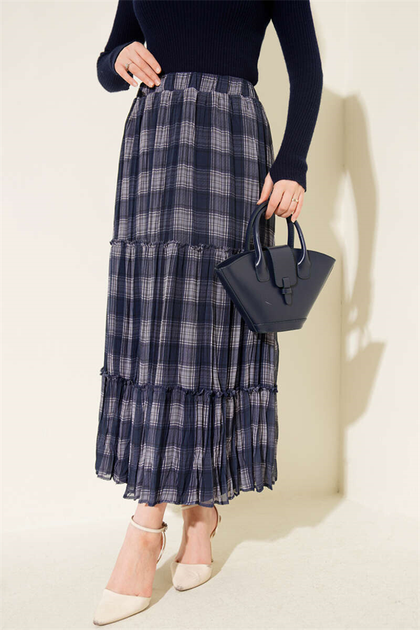 Plaid Layered Chiffon Skirt, Navy Blue