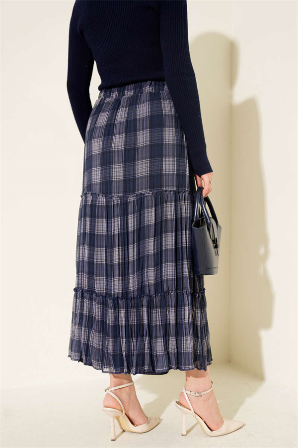 Plaid Layered Chiffon Skirt, Navy Blue