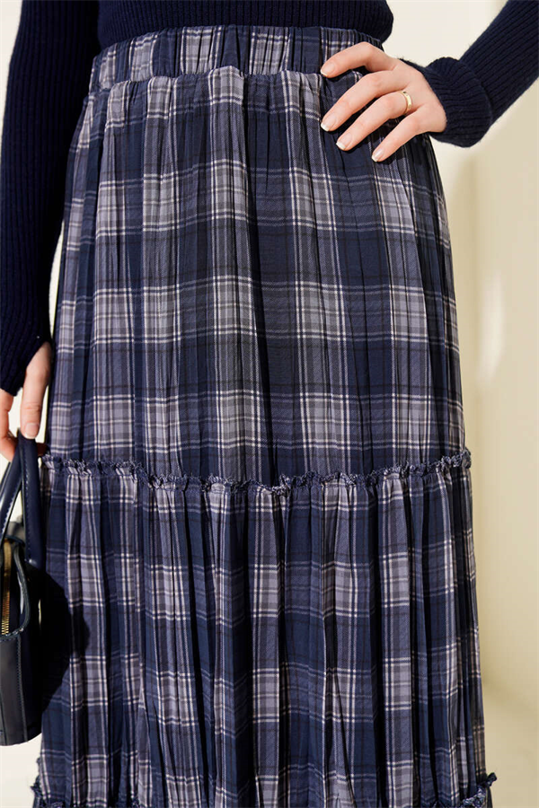 Plaid Layered Chiffon Skirt, Navy Blue