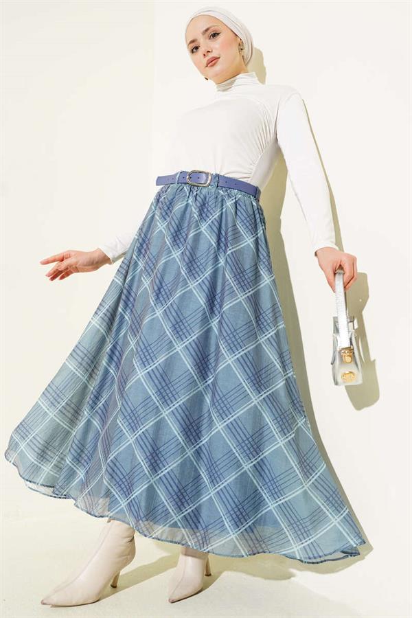 Plaid Belted Chiffon Skirt Indigo