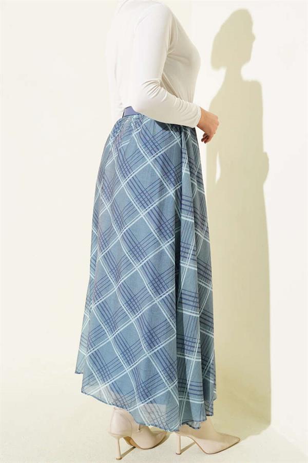 Plaid Belted Chiffon Skirt Indigo