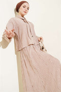 Plaid Collar Tie Skirt Set in Beige