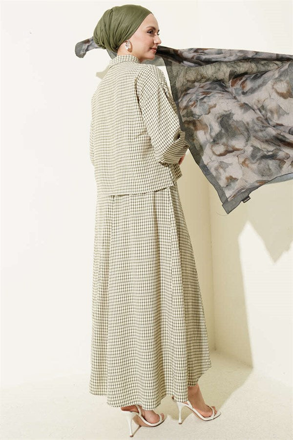 Plaid Collar Tie Skirt 2 Piece Set in Stone