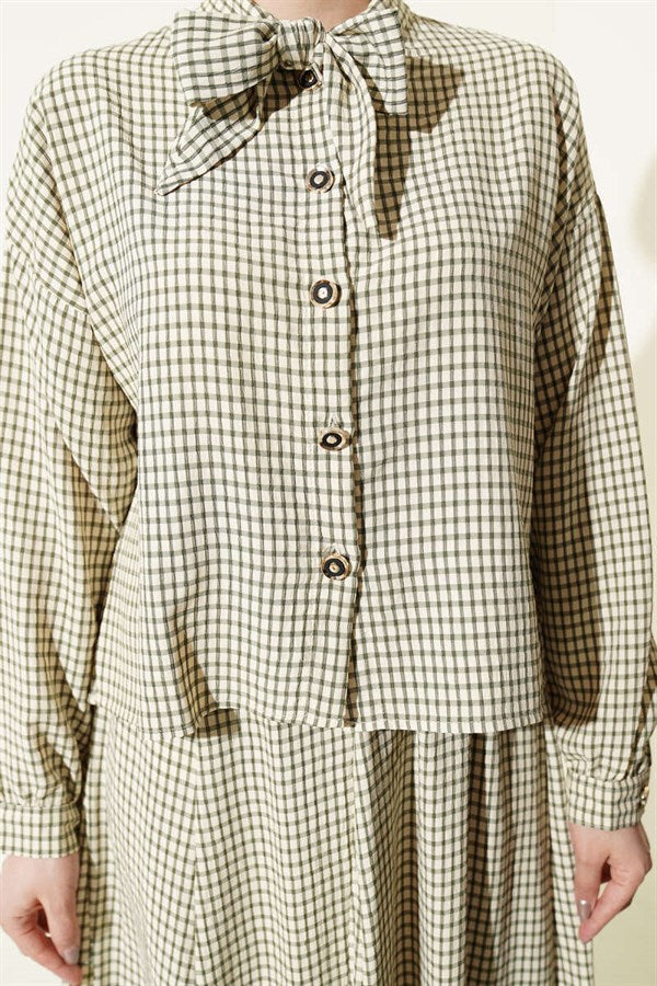 Plaid Collar Tie Skirt 2 Piece Set in Stone